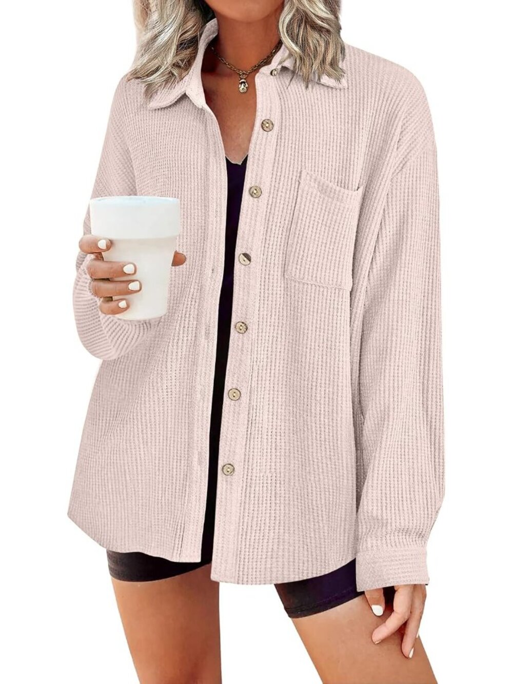 Waffle Button Down Shirts for Women Long Sleeve Shacket with Pocket